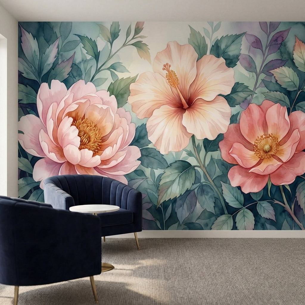 papier peint fleurs roses pivoines hibiscus aquarelle feuillage luxuriant tons r-2