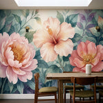 papier peint fleurs roses pivoines hibiscus aquarelle feuillage luxuriant tons r-5