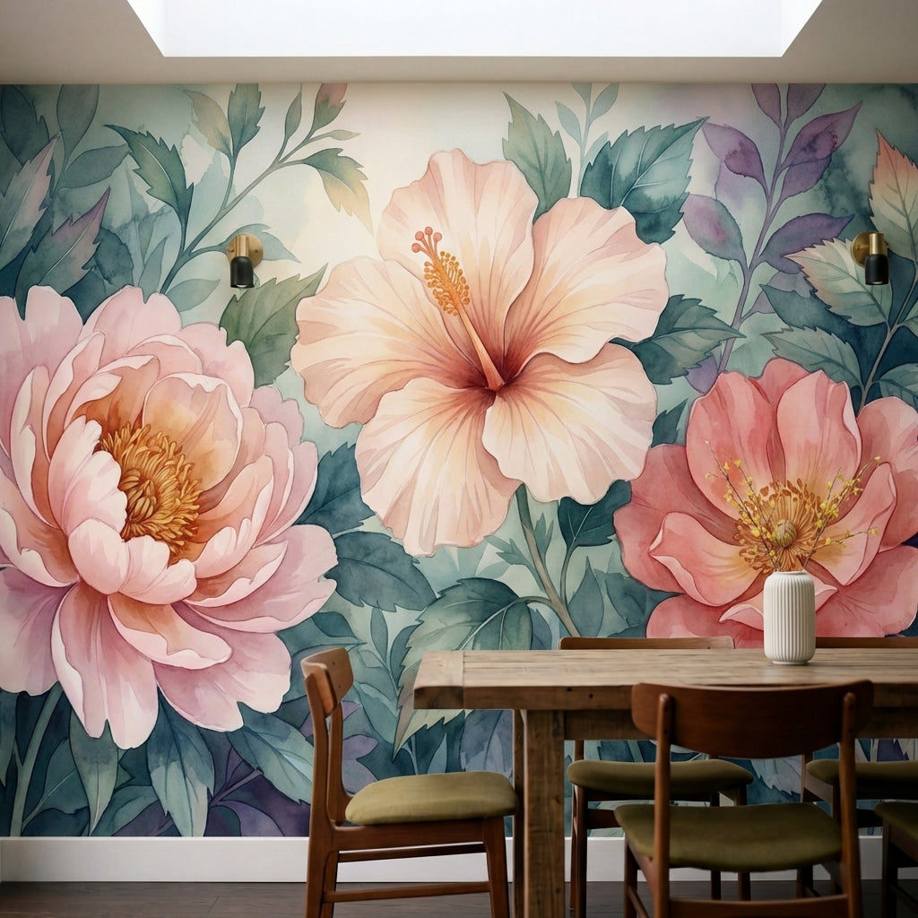 papier peint fleurs roses pivoines hibiscus aquarelle feuillage luxuriant tons r-5