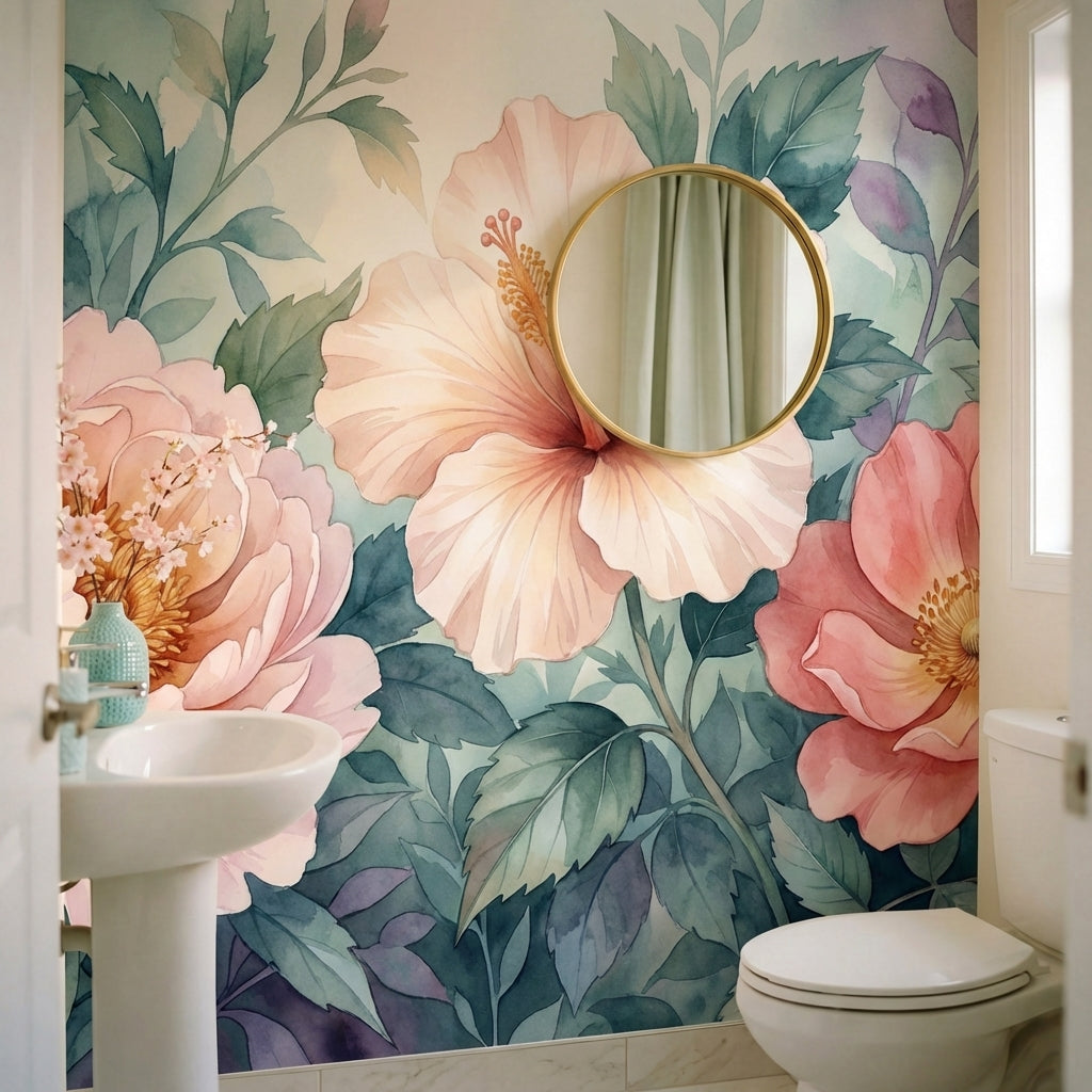 papier peint fleurs roses pivoines hibiscus aquarelle feuillage luxuriant tons r-7