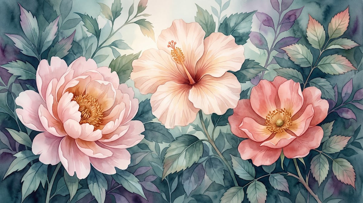 Papier peint panoramique fleurs roses - Pivoines hibiscus aquarelle feuillage luxuriant tons rose pêche et corail sur mesure - Design