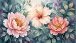 Papier peint panoramique fleurs roses - Pivoines hibiscus aquarelle feuillage luxuriant tons rose pêche et corail sur mesure - Design