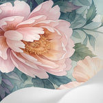 Papier peint panoramique fleurs roses - Pivoines hibiscus aquarelle feuillage luxuriant tons rose pêche et corail sur mesure - Matière