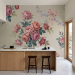 papier peint fleurs roses pivoines romantiques nuds rubans fleurettes bleues fon-1