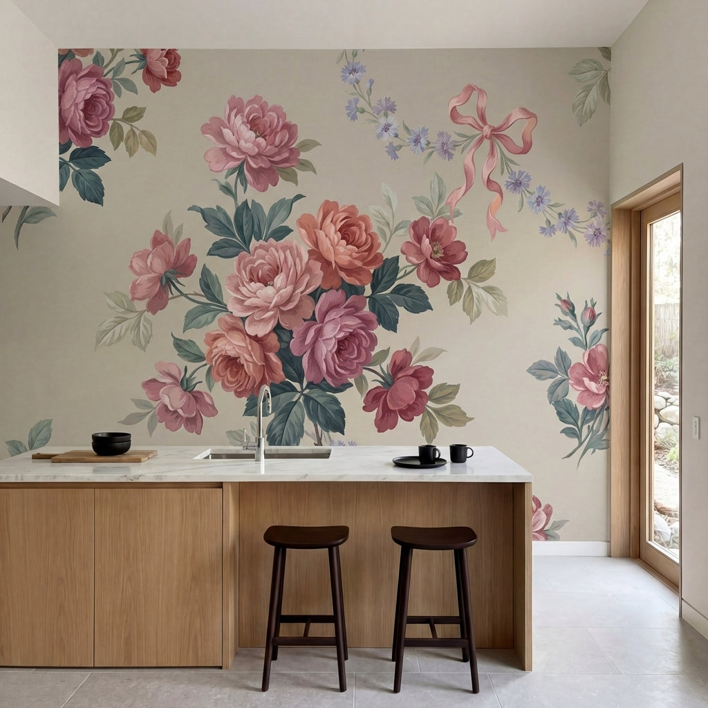 papier peint fleurs roses pivoines romantiques nuds rubans fleurettes bleues fon-1
