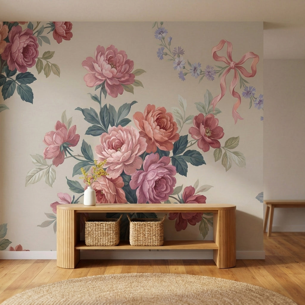 papier peint fleurs roses pivoines romantiques nuds rubans fleurettes bleues fon-HERO-6
