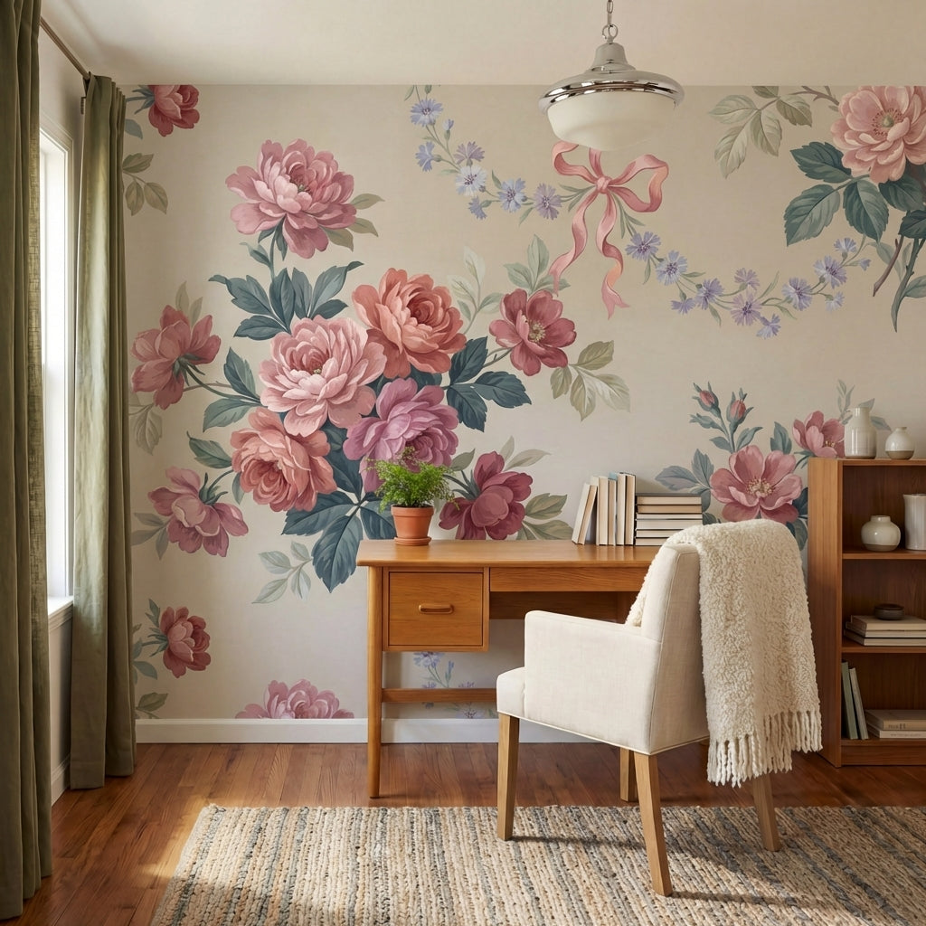 papier peint fleurs roses pivoines romantiques nuds rubans fleurettes bleues fon-VARIANTE-6