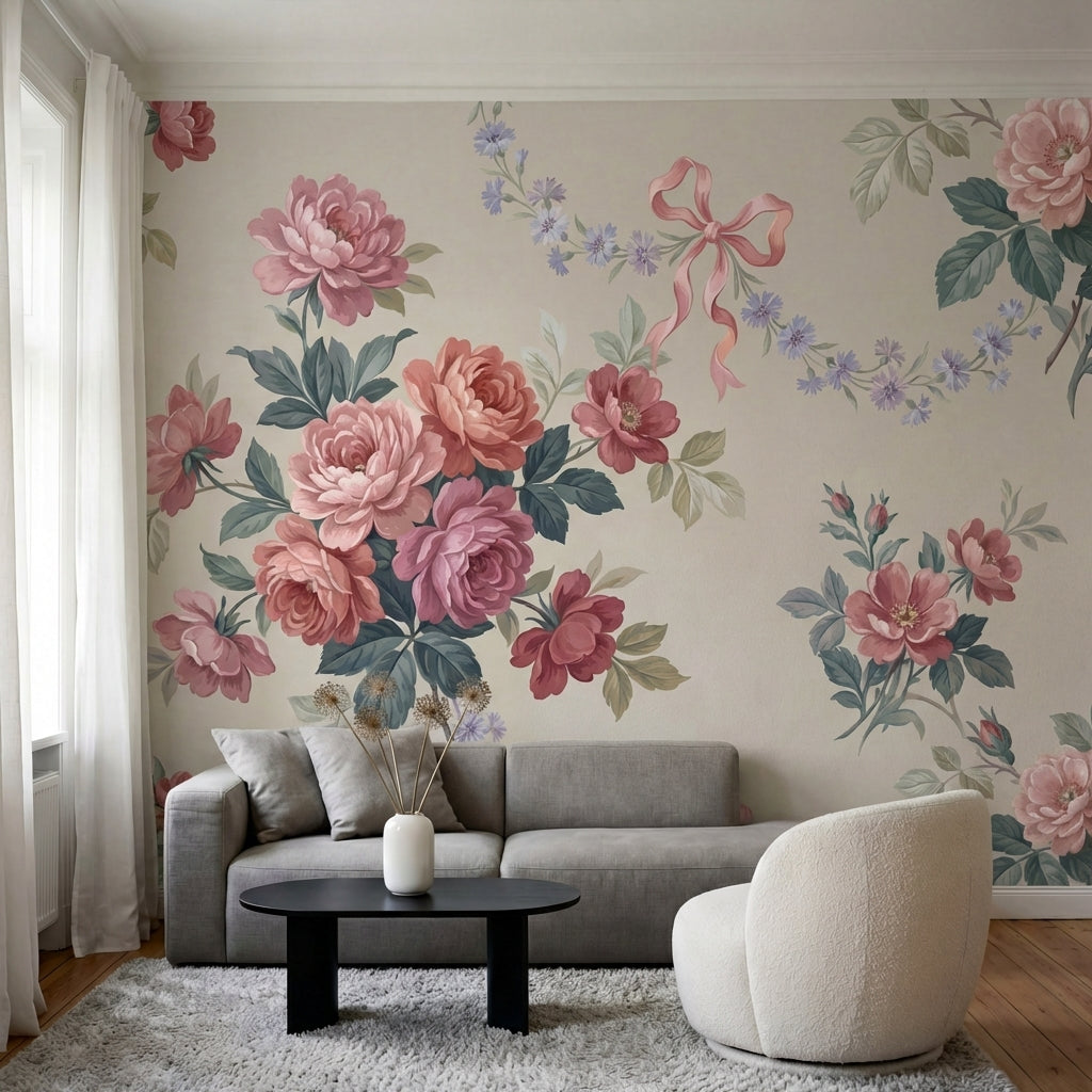 papier peint fleurs roses pivoines romantiques nuds rubans fleurettes bleues fon-VARIANTE-8
