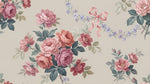 Papier peint panoramique fleurs roses - Pivoines romantiques nœuds rubans fleurettes bleues fond beige crème sur mesure - Design
