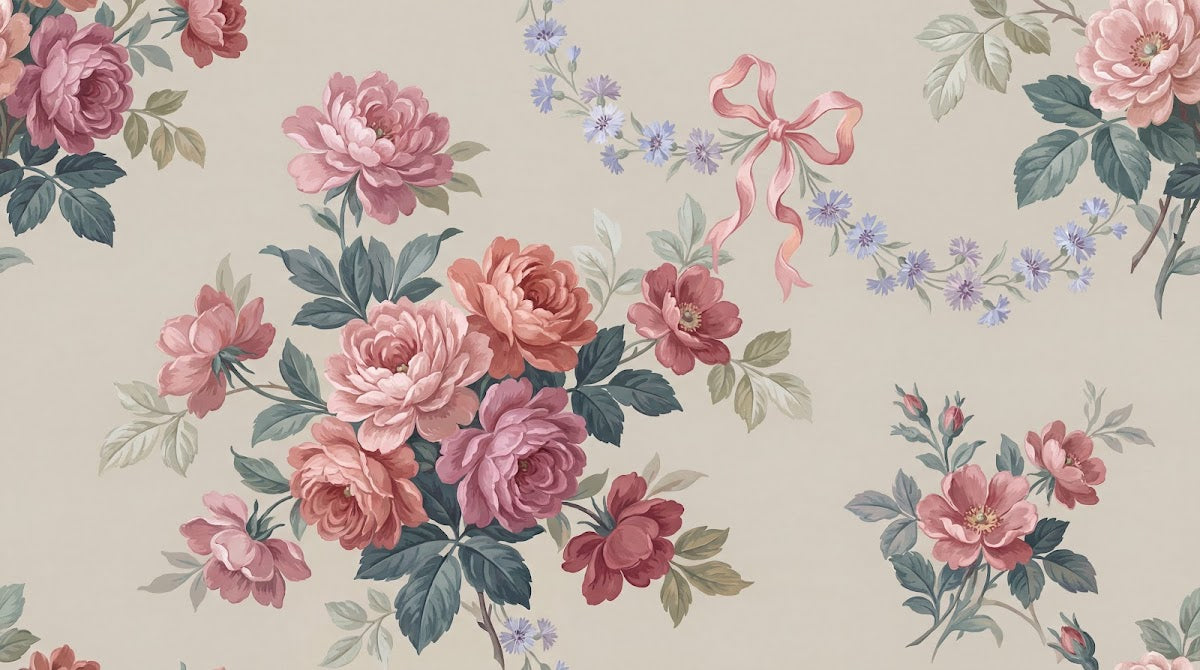 Papier peint panoramique fleurs roses - Pivoines romantiques nœuds rubans fleurettes bleues fond beige crème sur mesure - Design