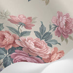Papier peint panoramique fleurs roses - Pivoines romantiques nœuds rubans fleurettes bleues fond beige crème sur mesure - Matière