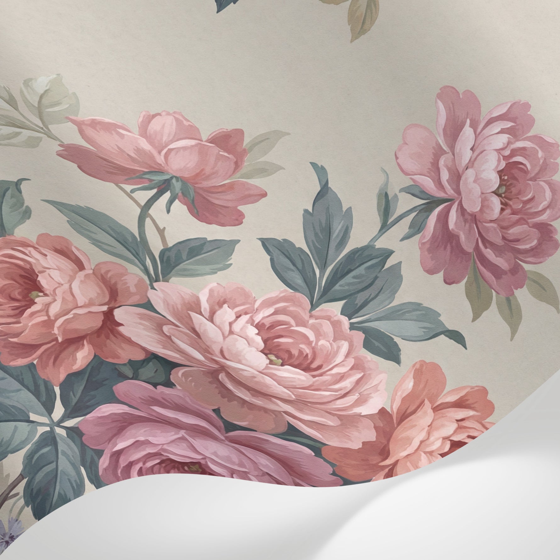 Papier peint panoramique fleurs roses - Pivoines romantiques nœuds rubans fleurettes bleues fond beige crème sur mesure - Matière