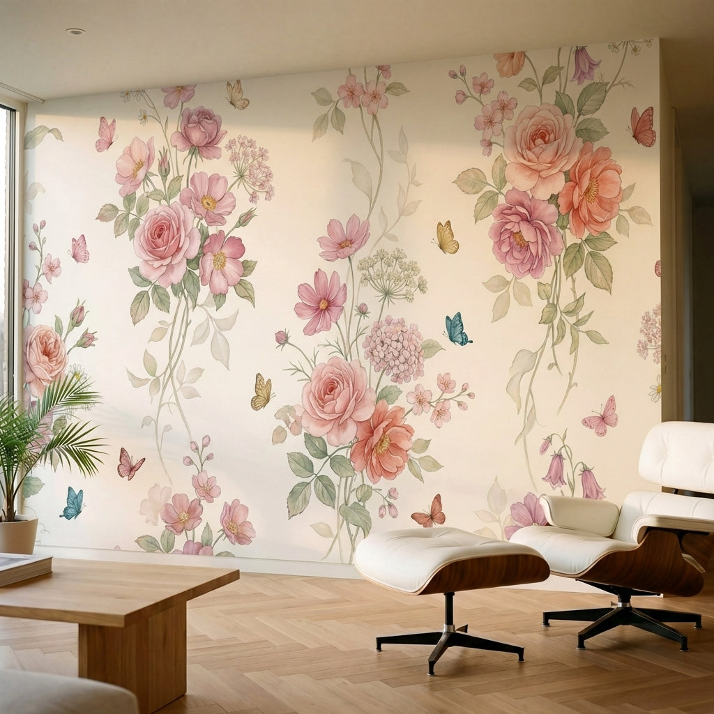 papier peint fleurs roses roses pivoines cosmos papillons tons rose poudre corai-1
