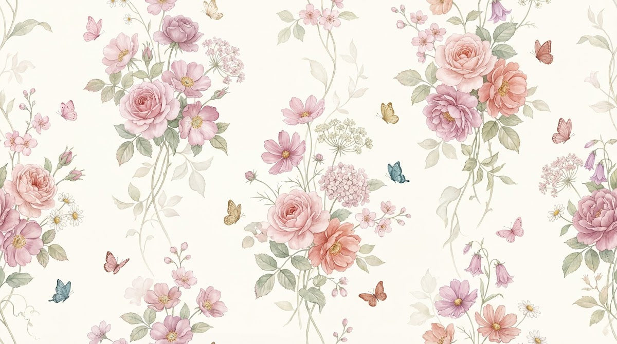 Papier peint panoramique fleurs roses - Roses pivoines cosmos papillons tons rose poudré corail fond crème vintage sur mesure - Design