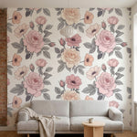 papier peint fleurs roses roses pivoines repetitives feuillage gris fond blanc c-2