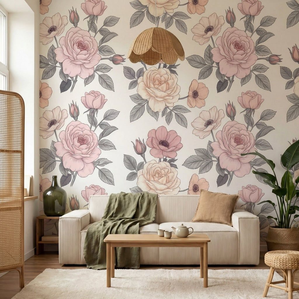 papier peint fleurs roses roses pivoines repetitives feuillage gris fond blanc c-6