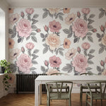 papier peint fleurs roses roses pivoines repetitives feuillage gris fond blanc c-HERO-10