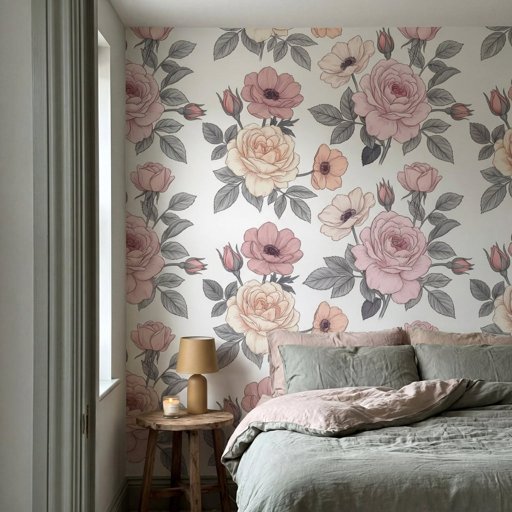 papier peint fleurs roses roses pivoines repetitives feuillage gris fond blanc c-VARIANTE-6