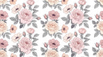 Papier peint panoramique fleurs roses - Roses pivoines répétitives feuillage gris fond blanc cassé et rose poudré sur mesure - Design