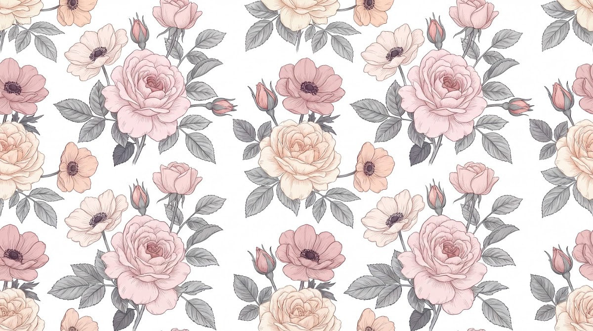 Papier peint panoramique fleurs roses - Roses pivoines répétitives feuillage gris fond blanc cassé et rose poudré sur mesure - Design