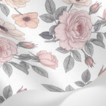 Papier peint panoramique fleurs roses - Roses pivoines répétitives feuillage gris fond blanc cassé et rose poudré sur mesure - Matière