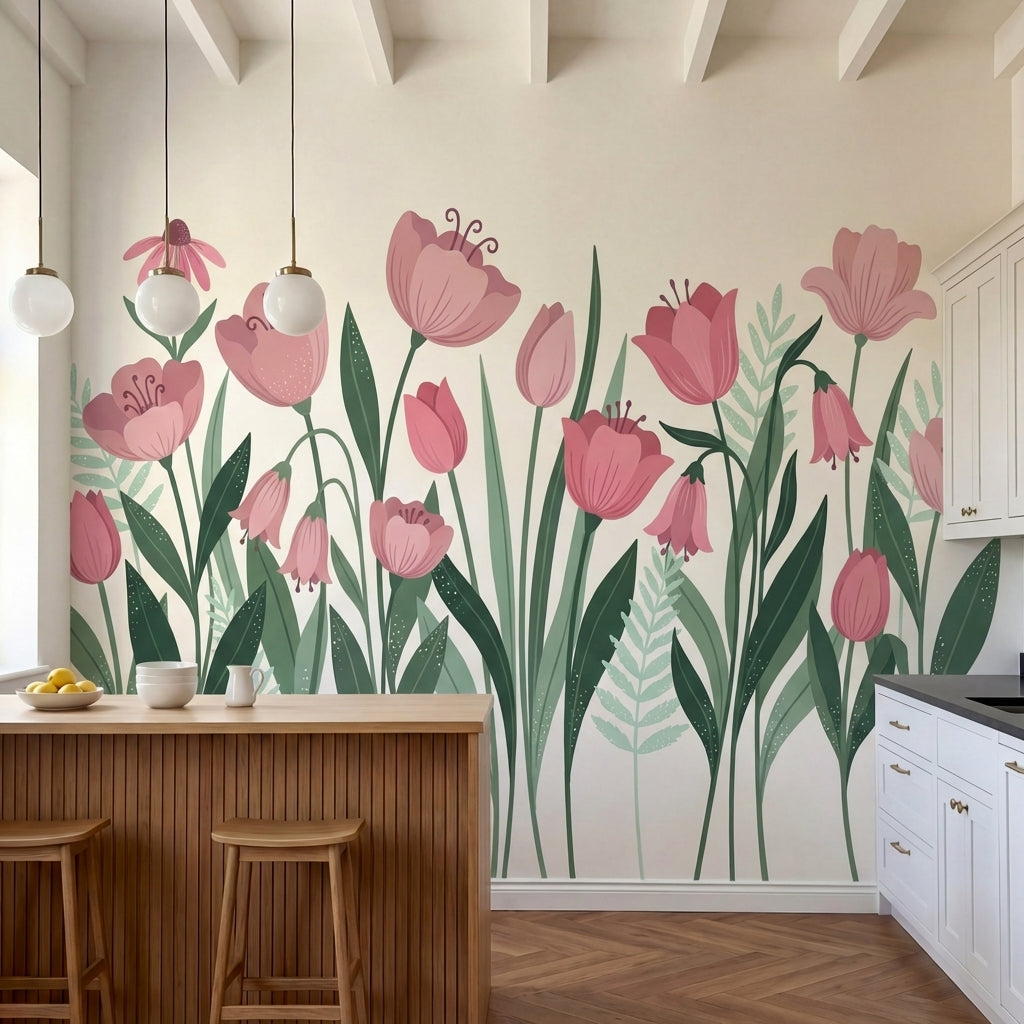 papier peint fleurs roses tulipes pivoines coneflowers feuillage vert sauge fond-2