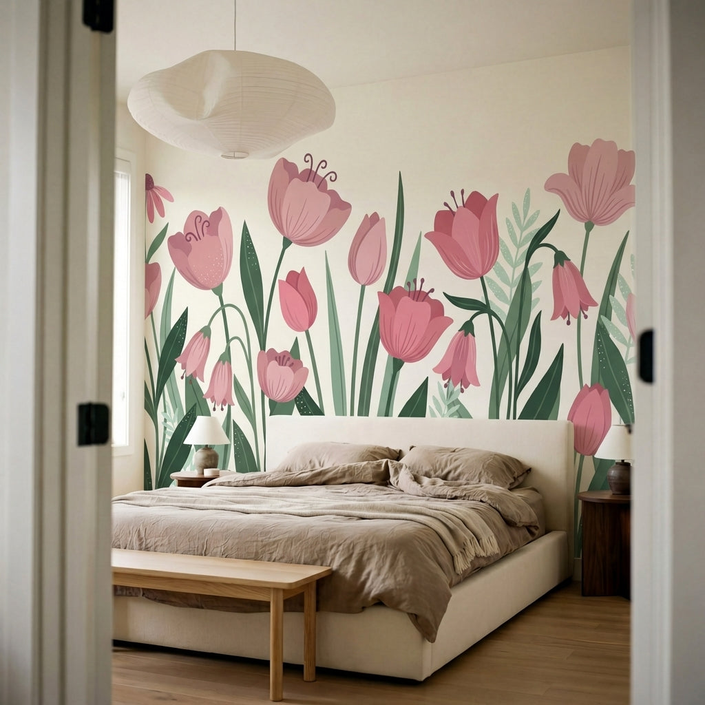 papier peint fleurs roses tulipes pivoines coneflowers feuillage vert sauge fond-6