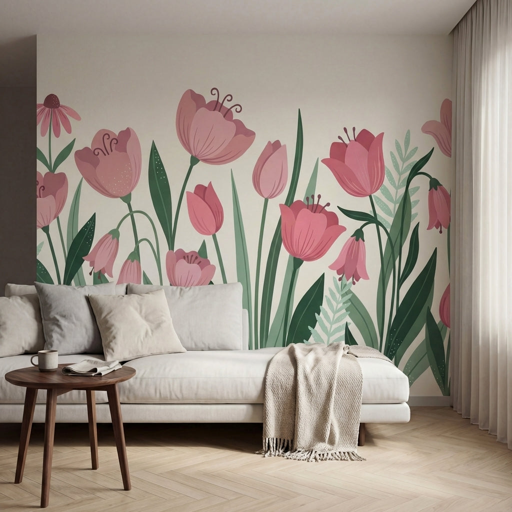 papier peint fleurs roses tulipes pivoines coneflowers feuillage vert sauge fond-VARIANTE-9