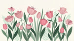 Papier peint panoramique fleurs roses - Tulipes pivoines coneflowers feuillage vert sauge fond beige crème sur mesure - Design