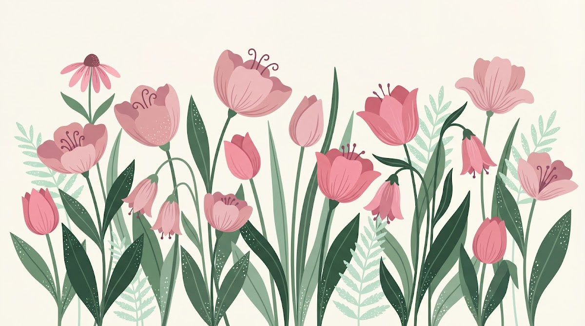 Papier peint panoramique fleurs roses - Tulipes pivoines coneflowers feuillage vert sauge fond beige crème sur mesure - Design