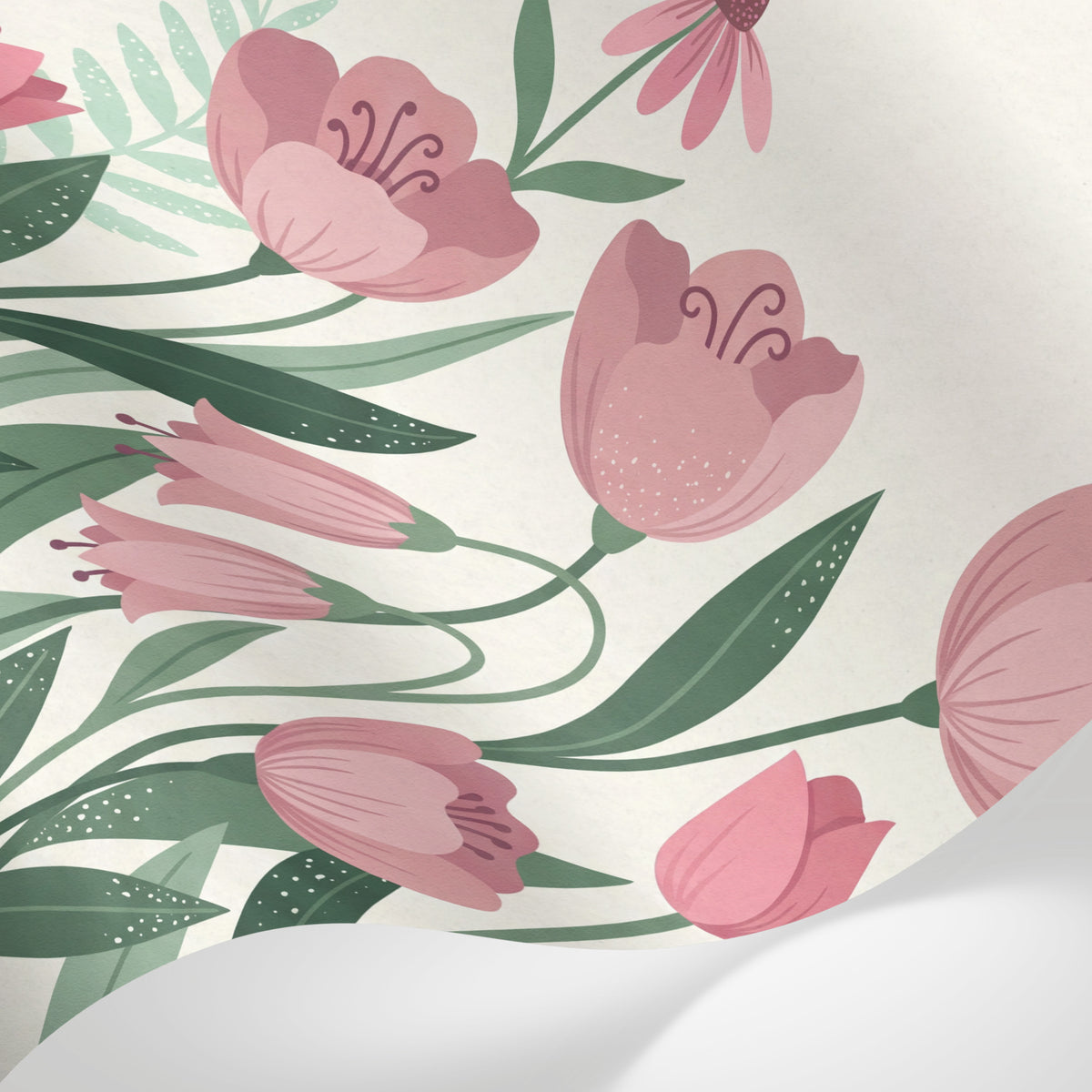 Papier peint panoramique fleurs roses - Tulipes pivoines coneflowers feuillage vert sauge fond beige crème sur mesure - Matière