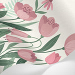 Papier peint panoramique fleurs roses - Tulipes pivoines coneflowers feuillage vert sauge fond beige crème sur mesure - Matière