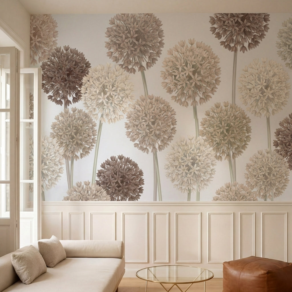 papier peint floral alliums boules florales tiges longues tons beige rose et bru-HERO-10