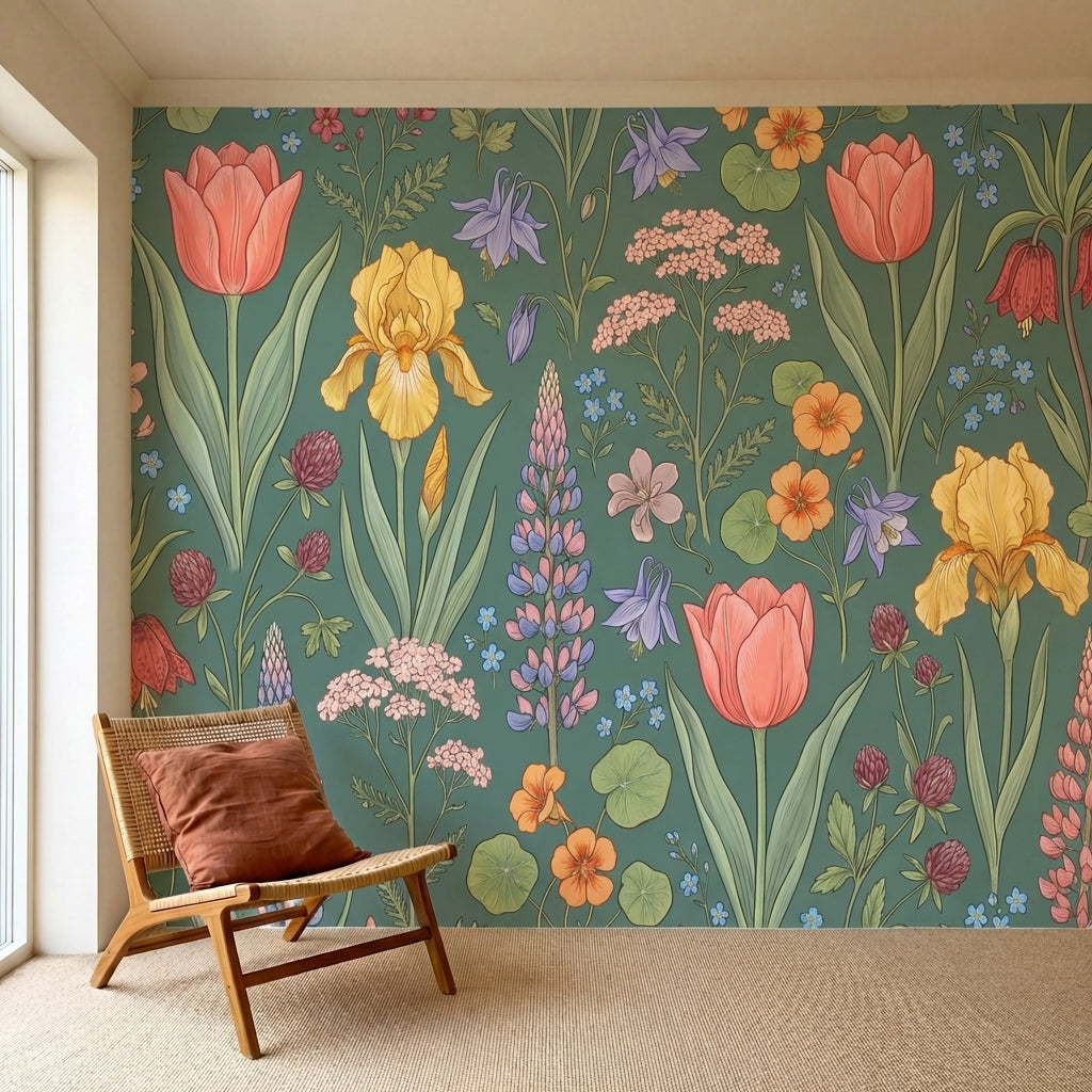 papier peint floral anglais tulipes iris lupins campanules fond vert sauge et ac-HERO-6