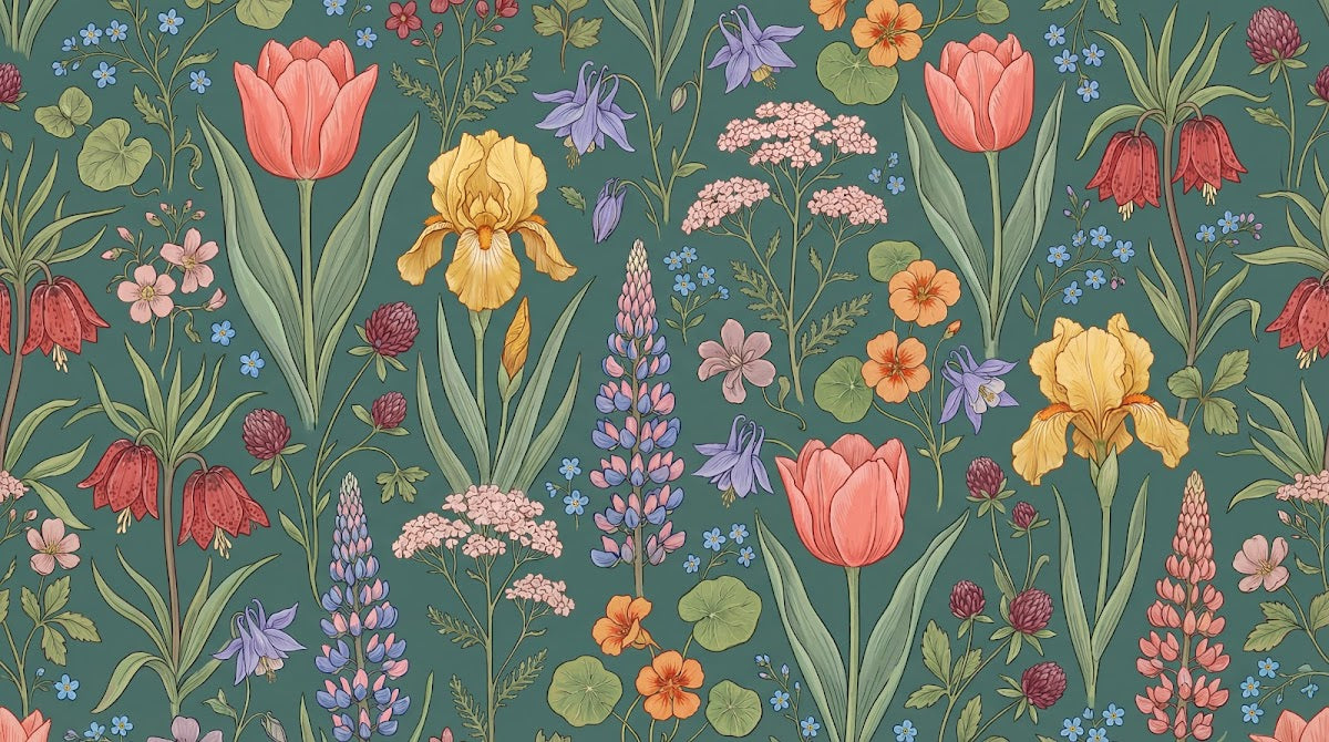 Papier peint panoramique floral - Tulipes iris lupins campanules fond vert sauge et accents multicolores sur mesure - Design