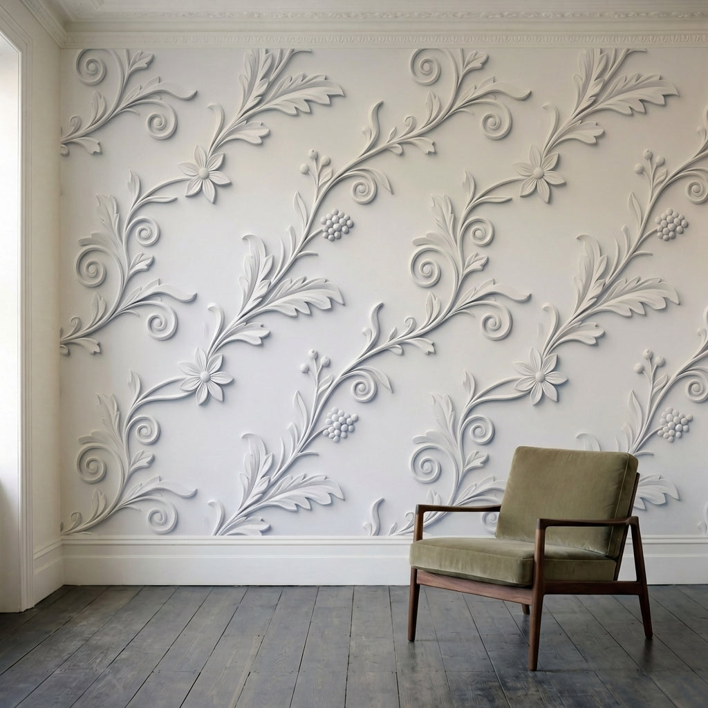 papier peint floral blanc feuillages ornementaux reliefs sculptes motifs repetit-2