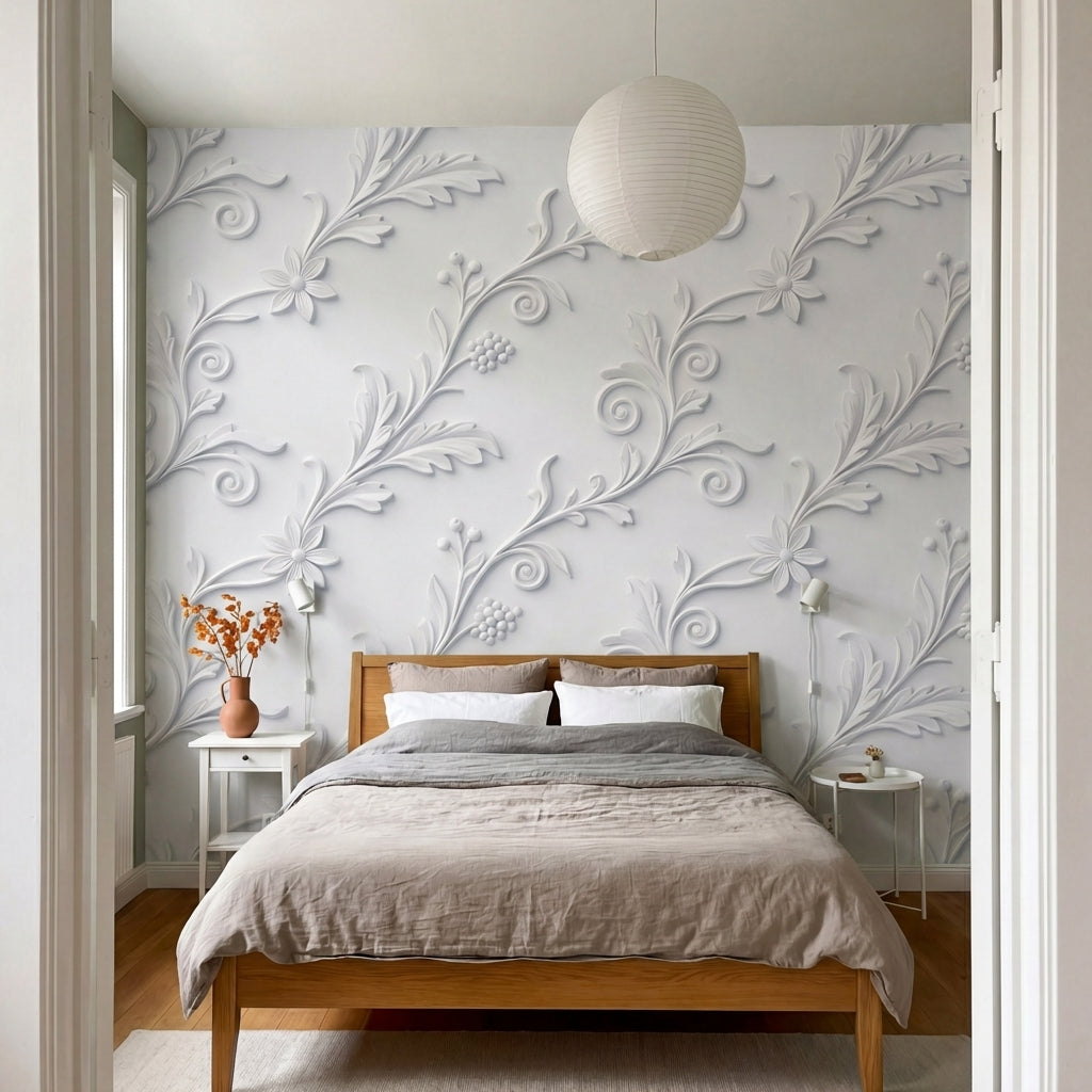 papier peint floral blanc feuillages ornementaux reliefs sculptes motifs repetit-6