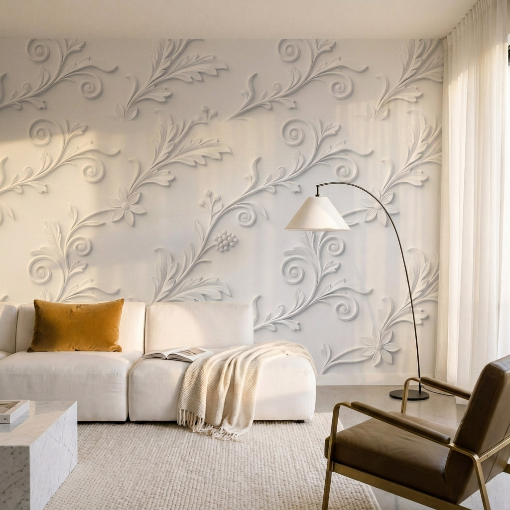 papier peint floral blanc feuillages ornementaux reliefs sculptes motifs repetit-7