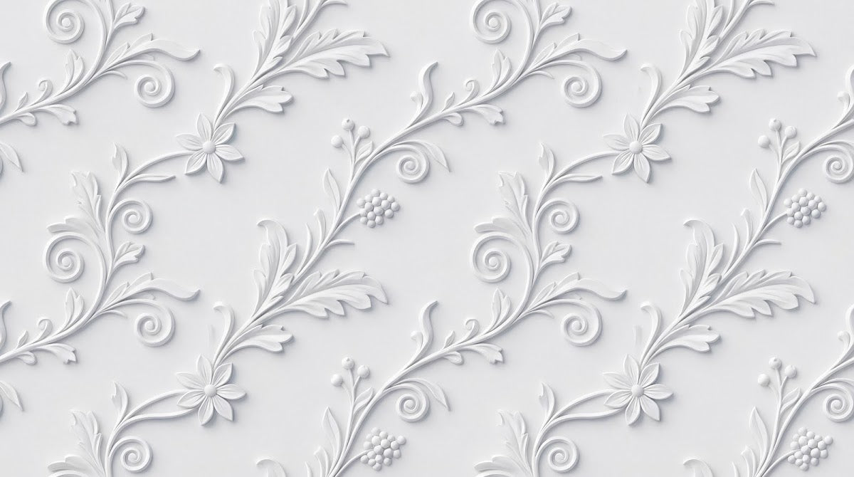 Papier peint panoramique feuillage - Feuillages ornementaux reliefs sculptés motifs répétitifs tons blanc et gris perle sur mesure - Design