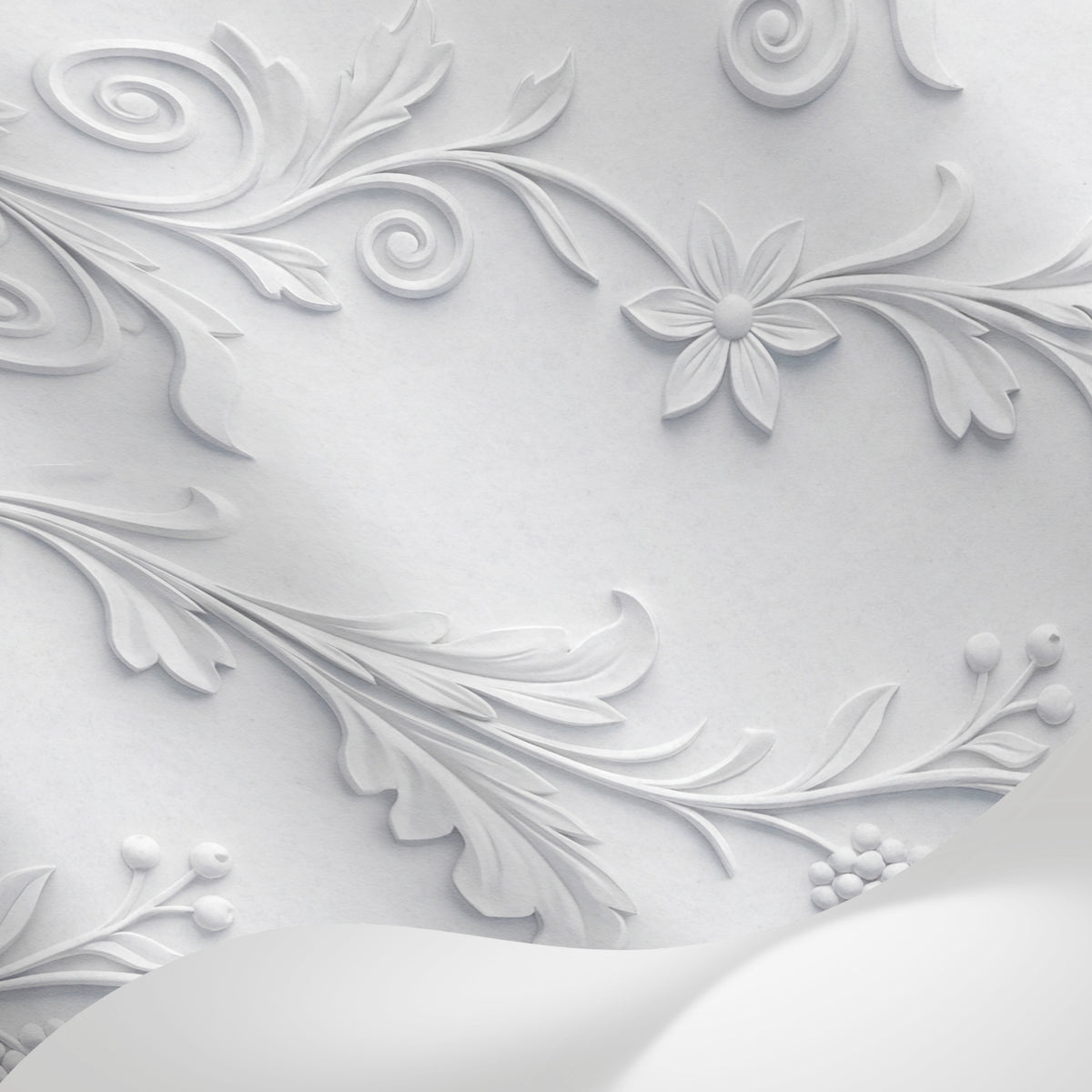Papier peint panoramique feuillage - Feuillages ornementaux reliefs sculptés motifs répétitifs tons blanc et gris perle sur mesure - Matière