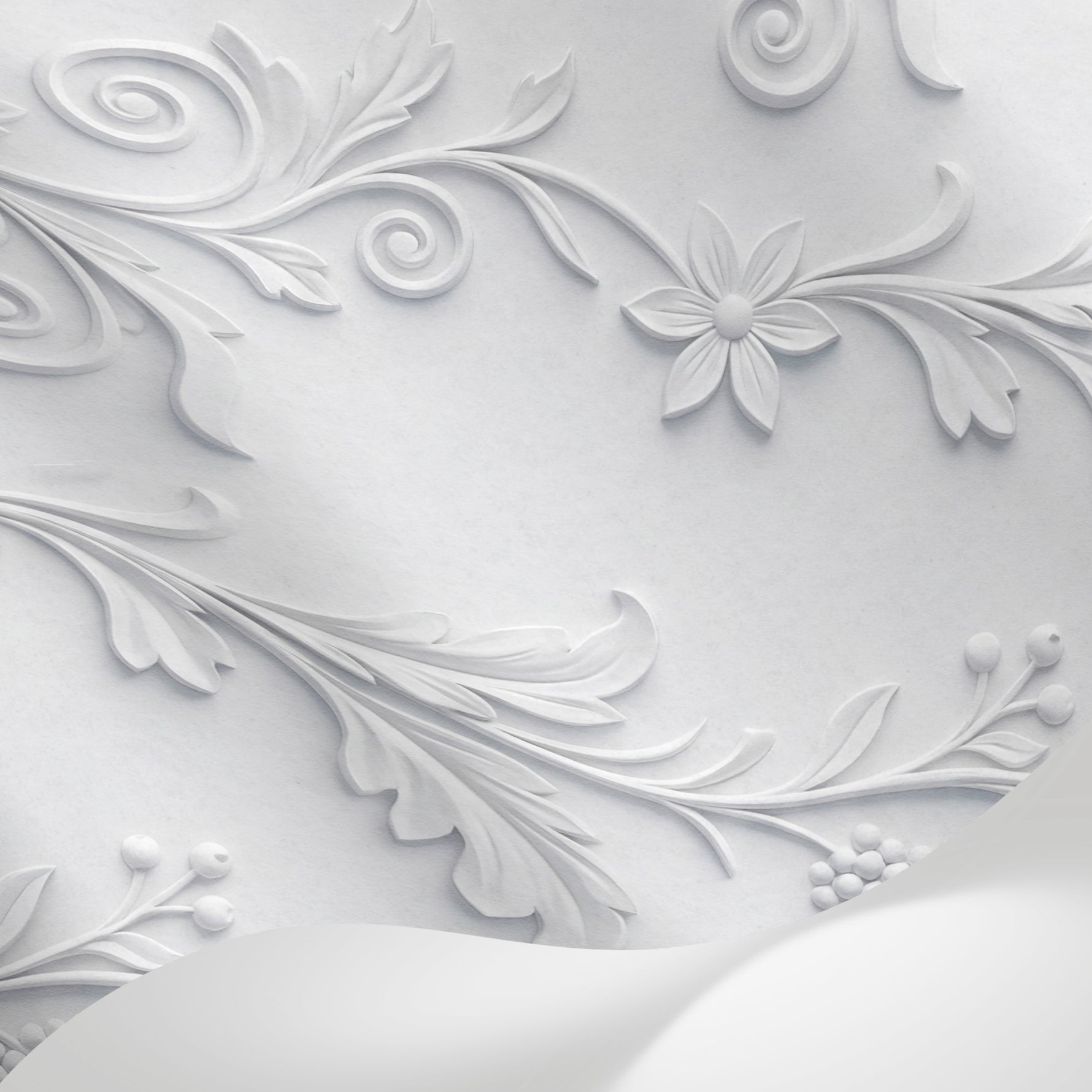 Papier peint panoramique feuillage - Feuillages ornementaux reliefs sculptés motifs répétitifs tons blanc et gris perle sur mesure - Matière