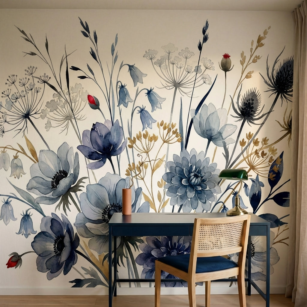 papier peint floral bleu anemones pivoines epis graminees aquarelle tons gris bl-3