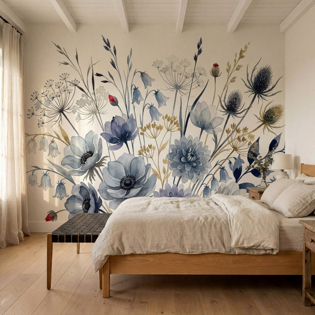 papier peint floral bleu anemones pivoines epis graminees aquarelle tons gris bl-7
