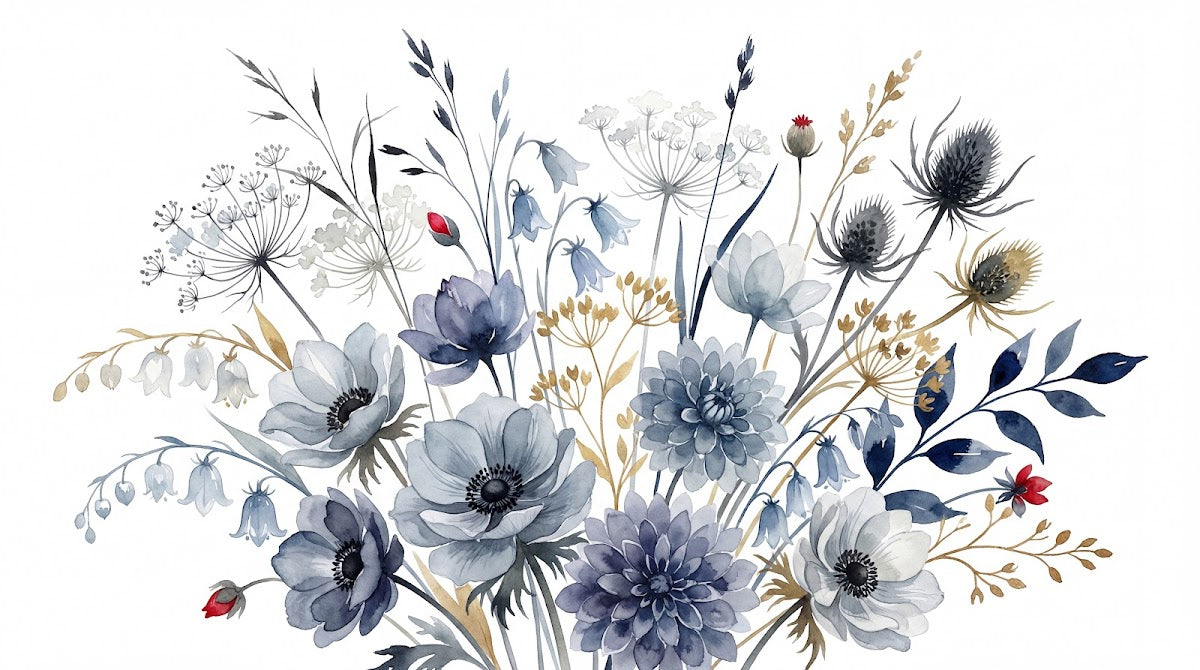 Papier peint panoramique floral - Anémones pivoines épis graminées aquarelle tons gris bleu et beige sur mesure - Design