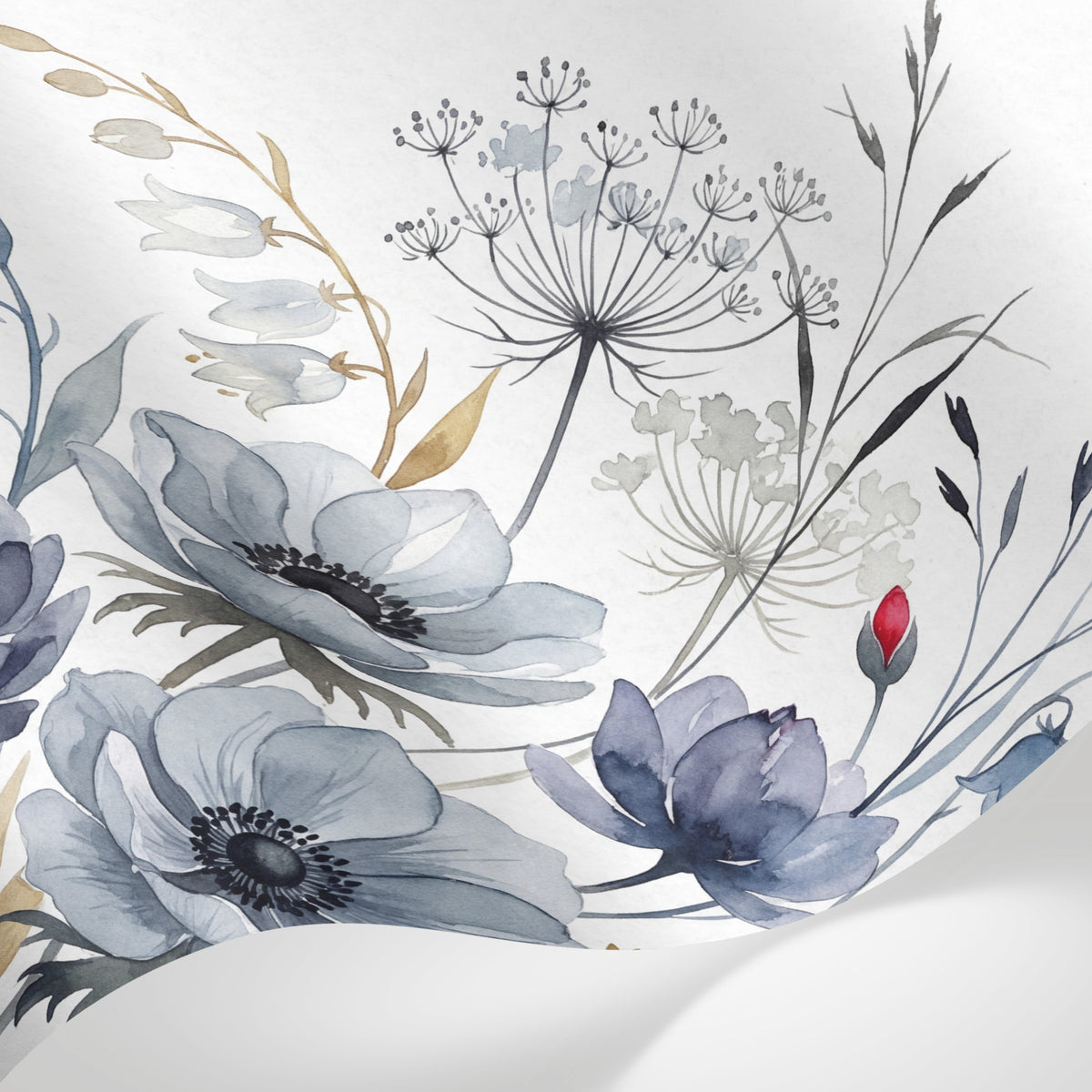 Papier peint panoramique floral - Anémones pivoines épis graminées aquarelle tons gris bleu et beige sur mesure - Matière
