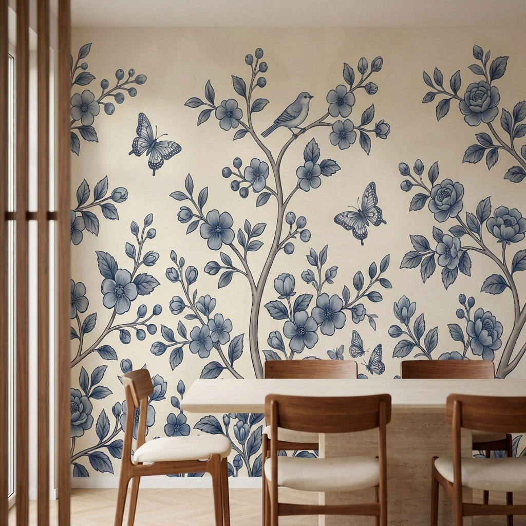 papier peint floral bleu branches fleuries oiseaux papillons motifs botaniques f-1