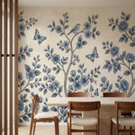 papier peint floral bleu branches fleuries oiseaux papillons motifs botaniques f-1
