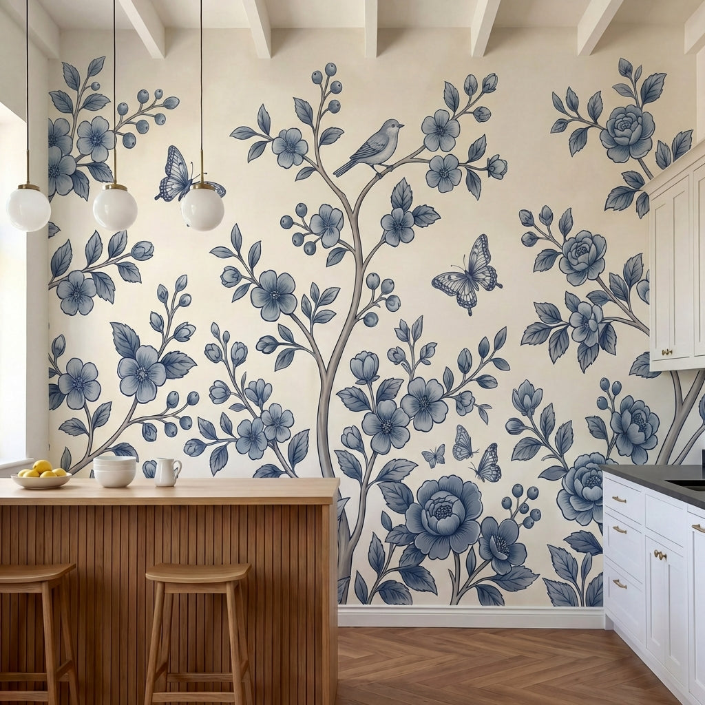 papier peint floral bleu branches fleuries oiseaux papillons motifs botaniques f-2