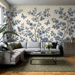 papier peint floral bleu branches fleuries oiseaux papillons motifs botaniques f-6