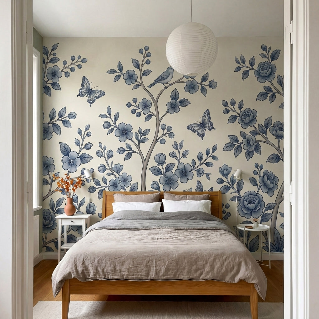 papier peint floral bleu branches fleuries oiseaux papillons motifs botaniques f-7